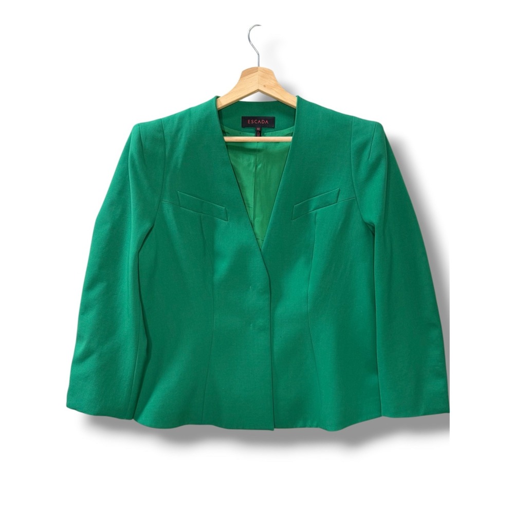 Escada Womens Emerald Green 100% Virgin Wool Collarless Tailored Blazer Size 42